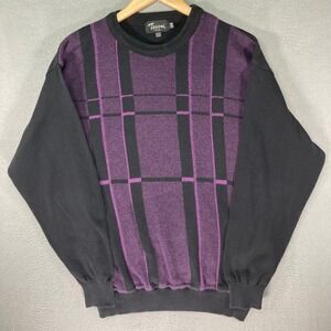 Tosani‎ Canada Mens XL Black Purple Plaid Crew Next Sweater Made in Canada 90s